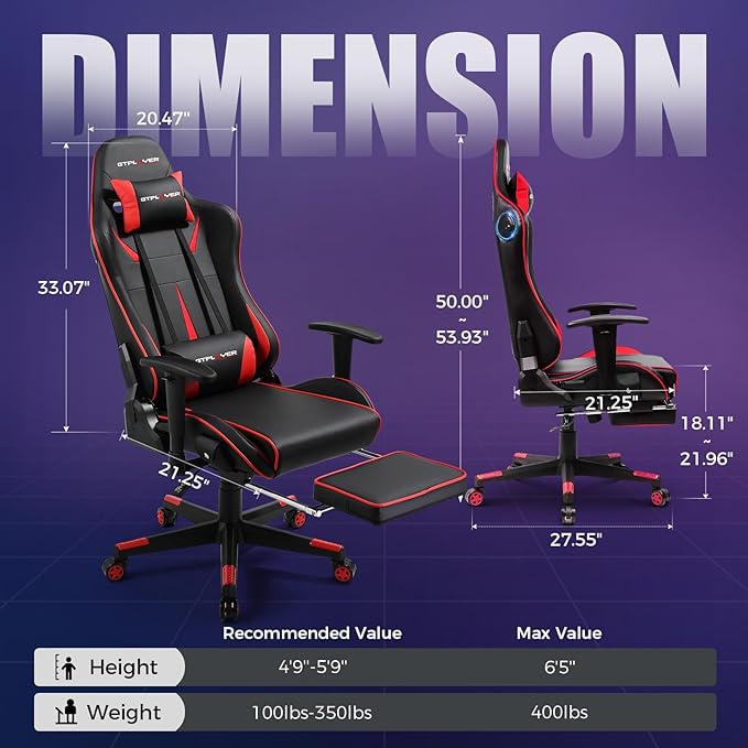 GTPLAYER Gaming Chair with Speakers Video Game Chairs with Footrest for Adults Ergonomic Computer PC Gamer Reclining Chair(Red)
