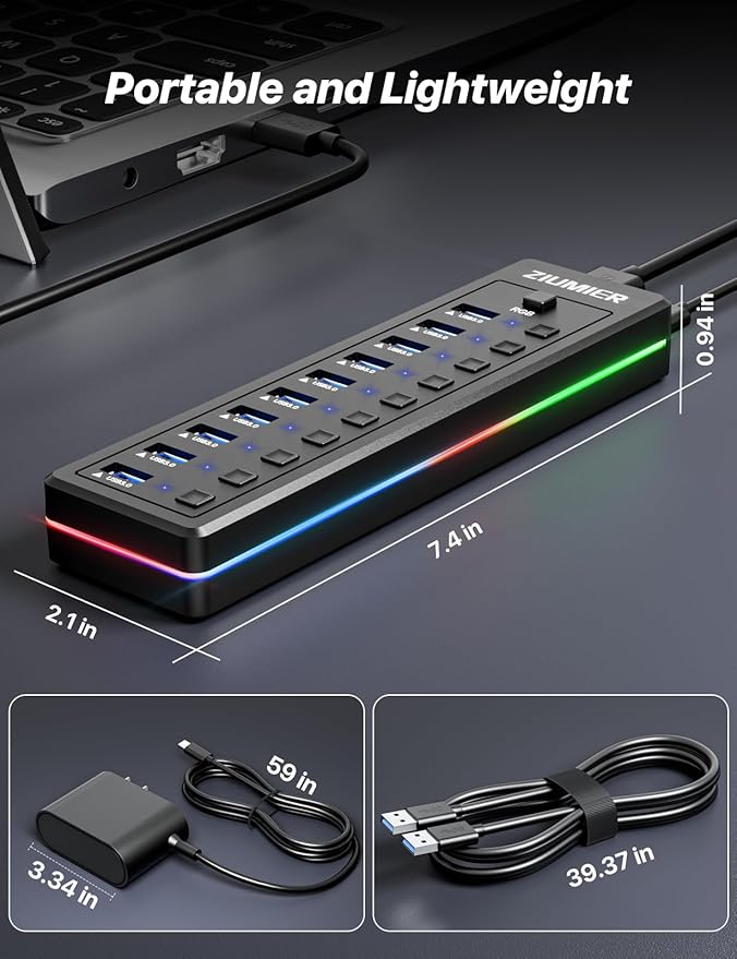 Powered USB Hub 10-Port USB 3.0 Hub with RGB LED Strip -5Gbps Data TransferIndividual LED On/Off Switches and 12V/2A Power Adapter for Laptop PC Mouse Keyboard Hard Drive or More USB Devices.