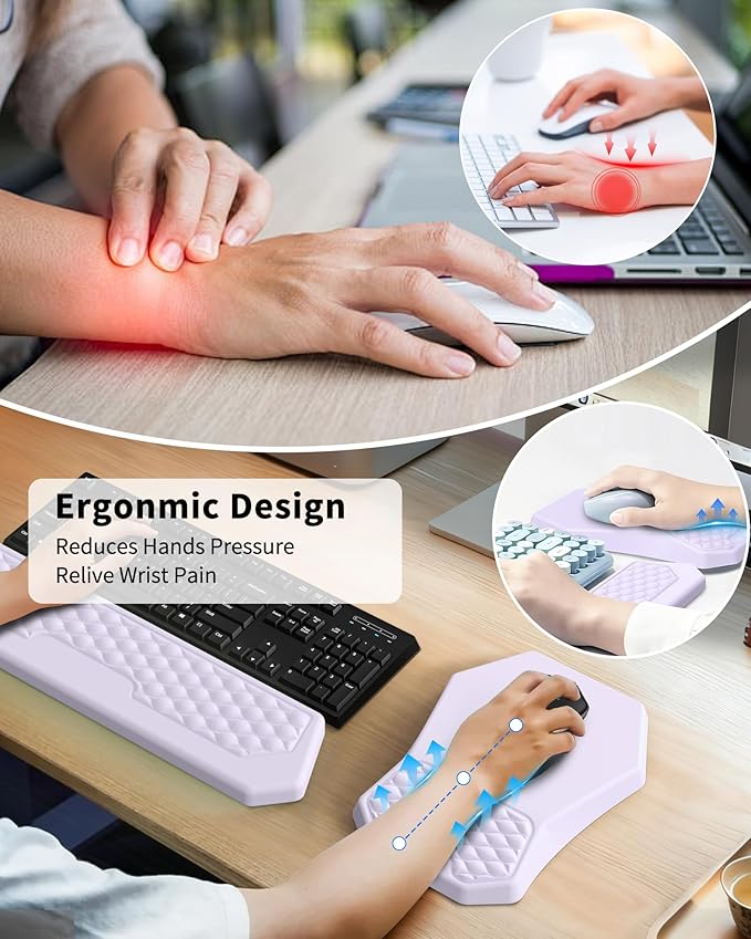 Ergonomic Mouse Pad Wrist Rest Support Massage Design Surface for Carpal Tunnel Pain Relief Memory Foam Non-Slip PU Base for Computer Desk Purple