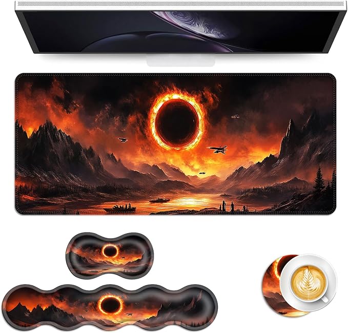 Keyboard Mouse Pad Set Extended Gaming Mouse Pad+Ergonomics Keyboard Wrist Rest Support Memory Foam Easy Typing Pain Relief 4Pcs XL Ultra Thick Desk MatFantasy Mountain