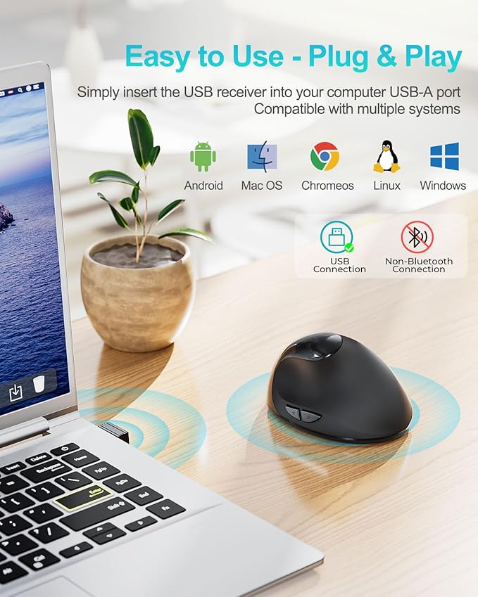 Lekvey Ergonomic Mouse Vertical Wireless Mouse for Small/Medium Hands Rechargeable with USB Receiver 3 DPI for Comfort Relieves Wrist Pain Carpal Tunnel Mouse for Laptop PC Computer Mac Black