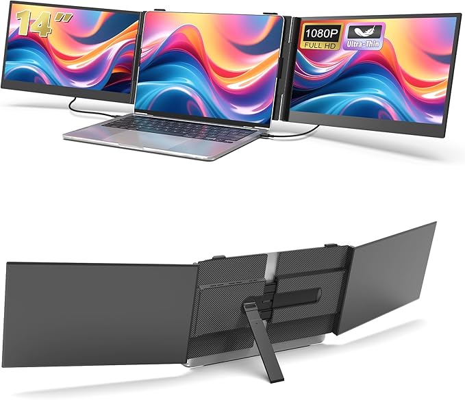 14 Triple Laptop Screen Extender 1080P FHD IPS Ultra-Slim Portable Dual Monitor for Laptop USB C HDMI Plug-Play Monitor Extender for Triple Display for MacOS/Windows Fits 13-17.3 Laptops