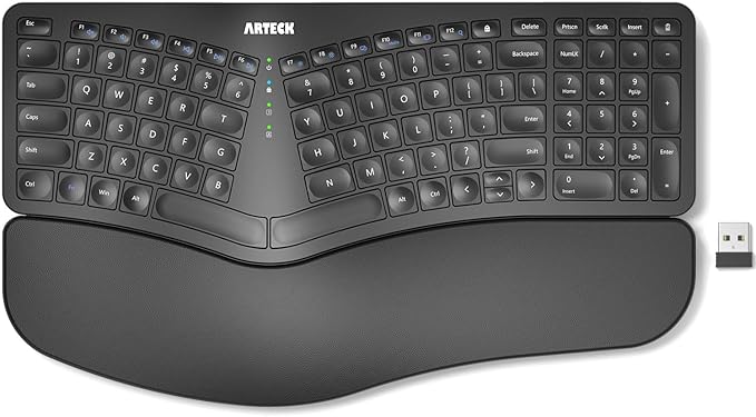 Arteck Split Ergonomic Keyboard with Cushioned Wrist and Palm Rest 2.4G USB Wireless Comfortable Natural Ergonomic Split Keyboard for Windows Computer Desktop Laptop