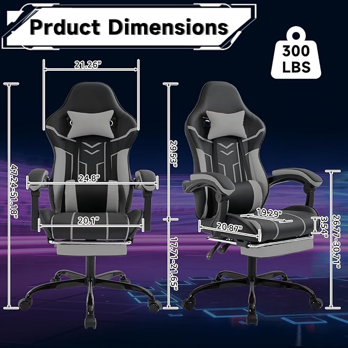 Gaming Chair with Headrest and Lumbar Support High Back Computer Office Desk Chair with Footrest 360° Swivel Height Adjustable Recliner Game Chair (Gray Black)