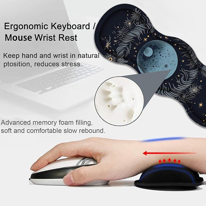 Large Gaming Mouse Pad Keyboard Wrist Rest Pad + Mouse Wrist Pad + Coaster 4 in 1 Set Extended Waterproof Non-Slip Desk Mat Suitable for Office Home Learning Games Moon Sun and Stars