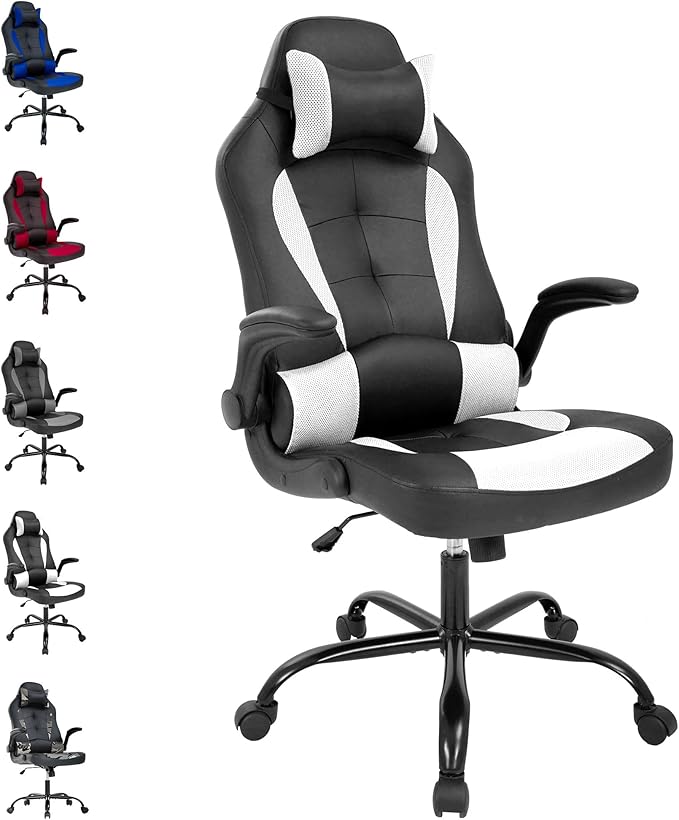Massage Gaming Chair WhiteGamer Chair Video Game Chair for Adults Desk Chair with Lumbar Support Flip Up Arms Rolling Chair with Wheels for Adults PU Leather Computer Chair