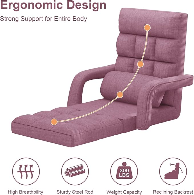Adjustable Floor Gaming Chair for Adults 6-Position Chaise Lounge Chair with Meditation Arm Foldable Lazy Sofa with Pillow Comfy Chair Indoor for Bedroom Dorm Living Room Purple