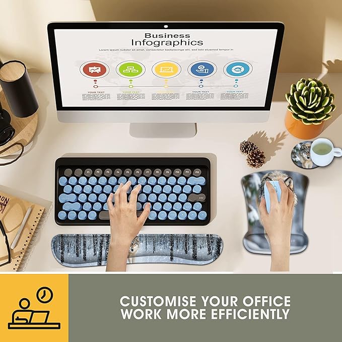 Keyboard Wrist Rest and Mouse Pad Wrist Support Set Ergonomic Gel Mouse Pad Wrist Rest with Non-Slip Base for Home Office Desk Pad Easy Typing Wolf in Snowy Forest Pattern Gaming Mouse Mat