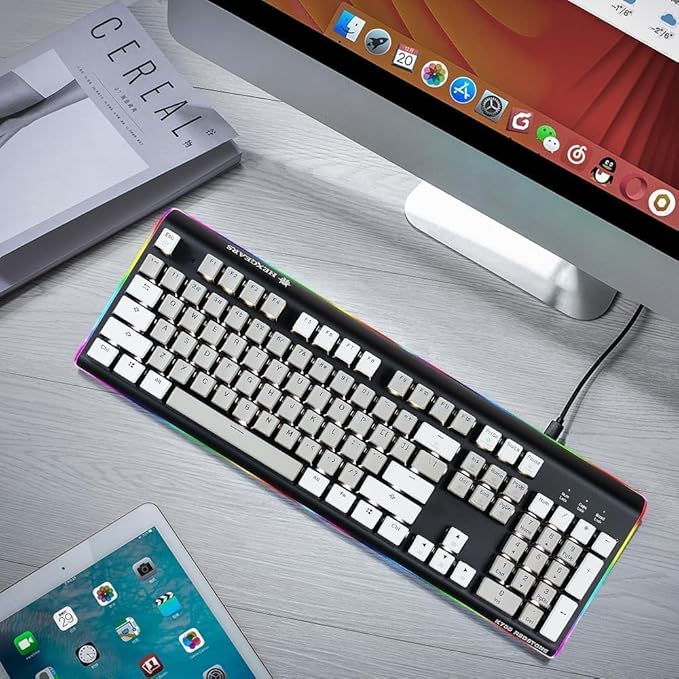Hexgears GK735 Wired Full Size Mechanical Keyboard Aluminum Housing Built for Gamers w/Kailh Box White Switch White Backlit + Surrounded by RGB Light Strip 104 Keys Gaming Keyboard for PC/Mac