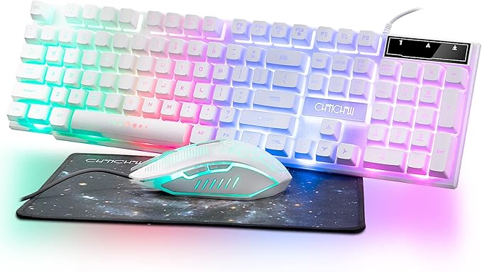 Gaming Keyboard and Mouse Wired CHOCNHOW White Keyboard Rainbow BacklitLight Up Keys Multimedia Keys Waterproof Compatible with PC Laptop Xbox Ps4/Ps5 Work/Gamer