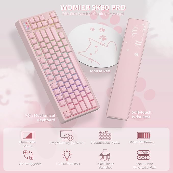 Womier 75% Pink Keyboard Wireless with Color Multimedia Screen Creamy Mechanical Gaming Keyboard 3-Modes Hot Swappable Cute Key Board w/Wrist Rest Gasket RGB Custom for Mac/Win (SK80 PRO)