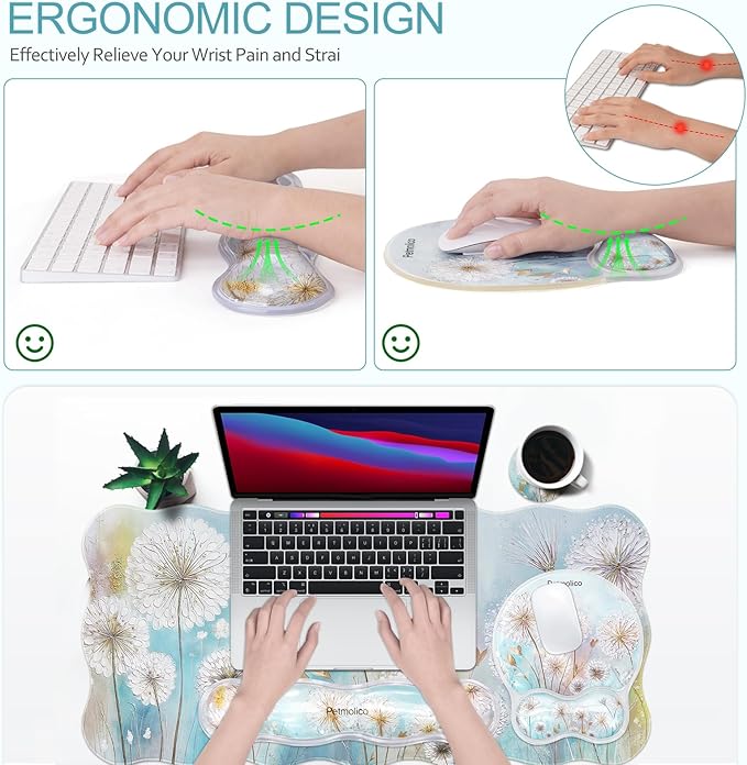 Petmolico Mouse Pad with Wrist Rest-Clear Gel Wrist Rest for Keyboard and MouseLarge Non-Slip Desk Mat and Heat-Resistant Cup CoastersErgonomic Design for Typing Pain（DandelionWhite）