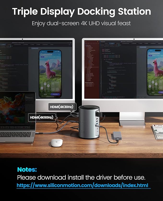 ORICO USB-C Triple Monitor Docking Station with 3 HDMI Ports 15-in-1 USB C Laptop Dock for MacBook Pro M1/M2/Windows 7 USB Ports Ethernet100W PD SD/TF Card Reader 3.5mm Audio (Grey)