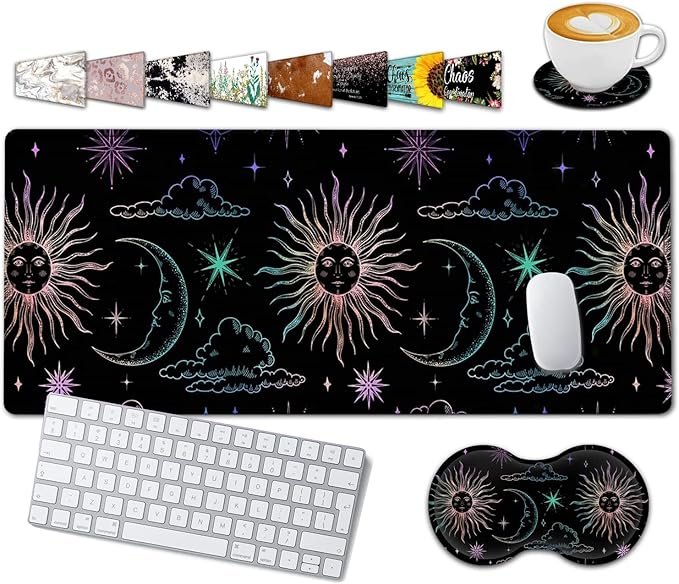 Large Gaming Mouse Pad 31.5x11.8 in Extended Computer Mouse Mat with Non-Slip PU Base Ergonomic Memory Foam Keyboard Wrist Rest for Work &amp Gaming Cute Sun Moon Black Office Desk Pad