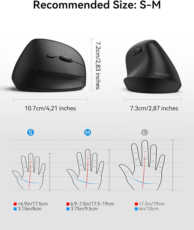 TECKNET Ergonomic Mouse Wireless Bluetooth Vertical Mouse (BT5.0/3.0 &amp 2.4G) Rechargeable 4800 DPI Optical Mouse with 6 Adjustable DPI Quiet Clicks USB A Receiver 6 Buttons - Wide Compatibilit