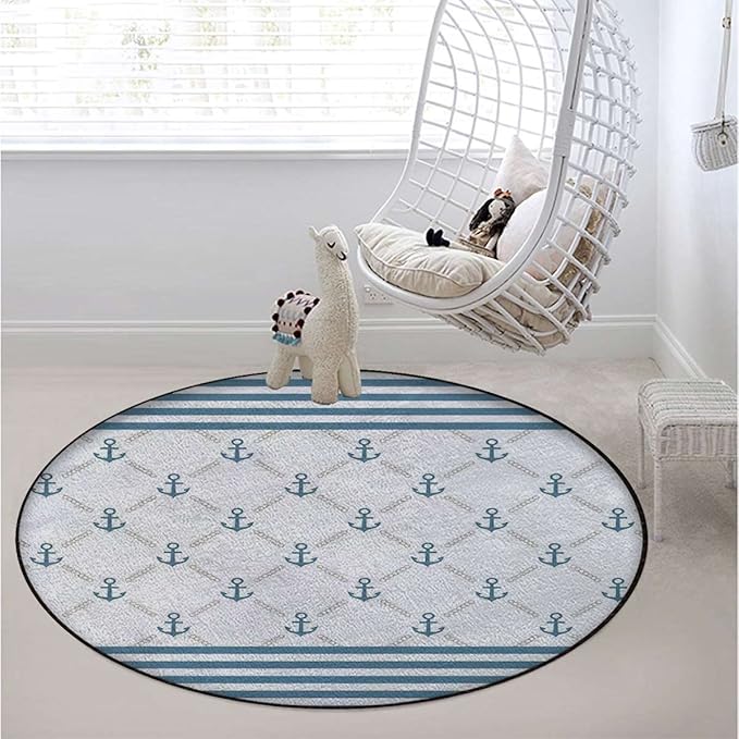 Anchor Gaming Chair Mat Round Floor Mats for Office Chair Computer Gaming Desk Mat for Rolling Chair Non-Slip Gaming Rug Marine Anchor Striped BackgroundPale Blue White Diameter 43.3 in