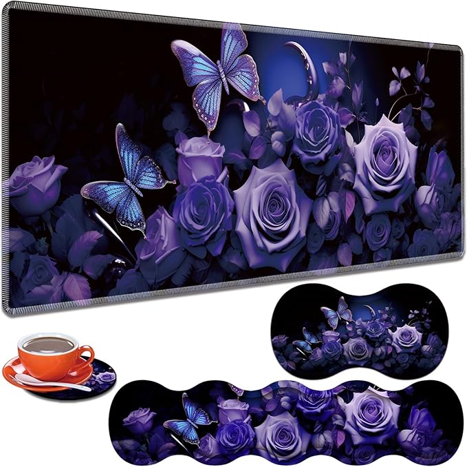 Large Gaming Table Pad 31.5 x 11.8 + Keyboard Wrist Pad + Mouse Wrist Pad + Coaster Non-Slip Base 4-in-1 Set Ergonomic Memory Foam Easy Typing Pain Relief Purple Roses and Butterflies