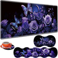 Large Gaming Table Pad 31.5 x 11.8 + Keyboard Wrist Pad + Mouse Wrist Pad + Coaster Non-Slip Base 4-in-1 Set Ergonomic Memory Foam Easy Typing Pain Relief Purple Roses and Butterflies