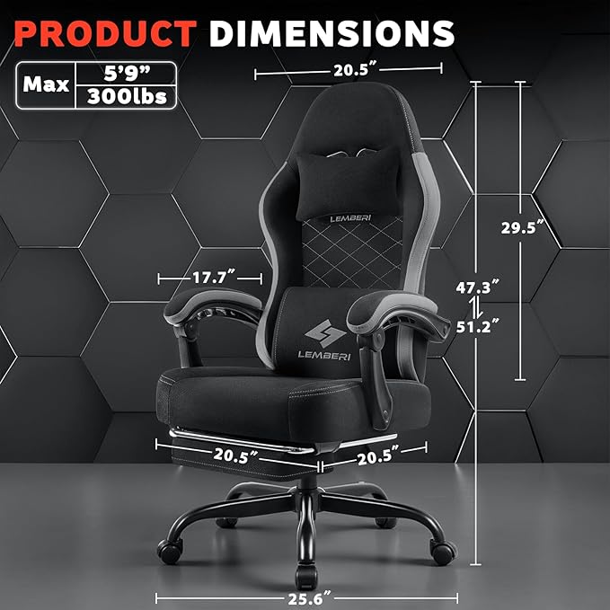 LEMBERI Gaming Chair Fabric Big and Tall Video Game Chairs for Adults with FootrestRacing Style Ergonomic Computer Gamer Chair with Headrest and Lumbar Support (Gray)