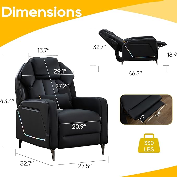 TUNYI Gaming Recliner Chair Racing Style Push-Back Reclining Sofa with Colorful LED Ergonomic Home Theater Seating Video Game Sofa for Gaming Room Living Room (Black)