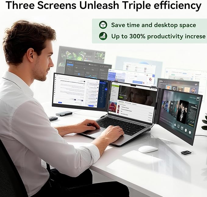 14 Triple Laptop Screen Extender Ultra-Thin Lightweight FHD 1080P IPS Laptop Monitor Extender Portable Extended Screen for Laptops 13-17.3 Compatible with Wins Mac Chrome Dex Phone Travel Work
