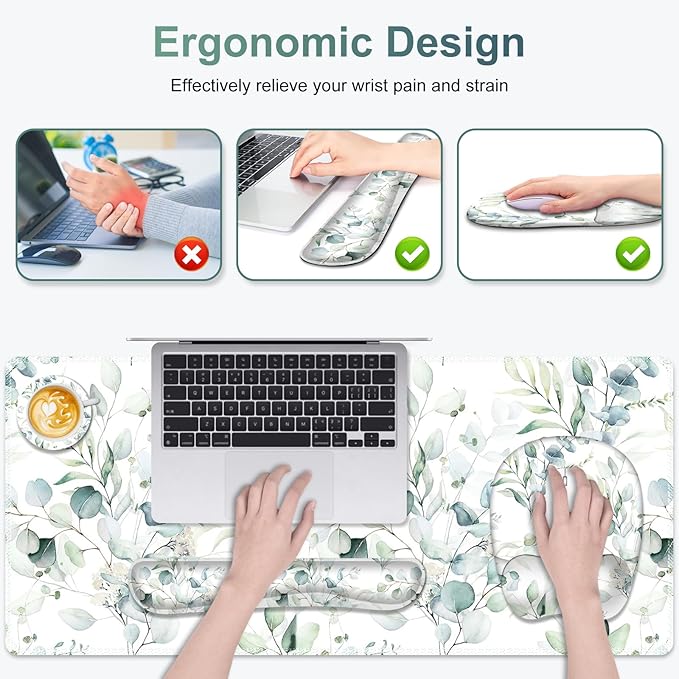 Large Mouse Pad with Wrist Support 4in1 Set XXL Big Game Mousepad +Keyboard Wrist Rest+Mouse Wrist Rest+Coaster with Ergonomic Design Gaming Mat for Home Office Computer I Eucalyptus Branches