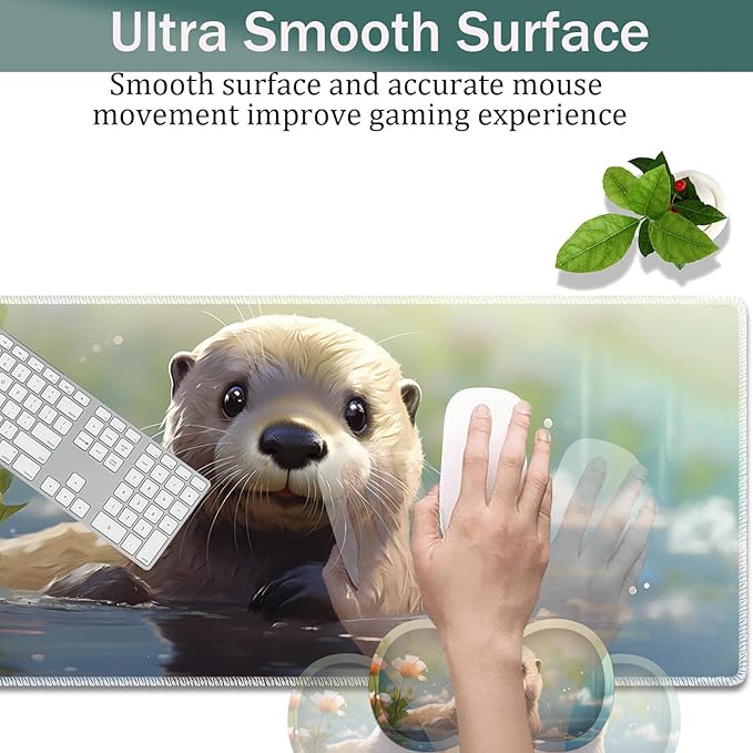 Large Game Mouse Pad + Wrist Support Pad + Coffee Coaster Desk Pad with Sewn Edges Anti-Slip Set pad Suitable for Office Work and Home - Cute Otter