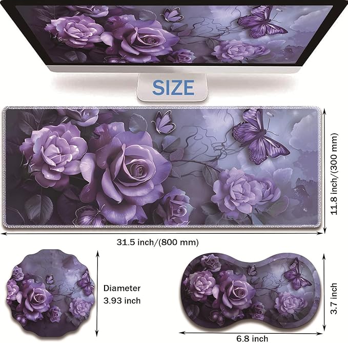 Extended Non-Slip Mouse Pad + Mouse Wrist Rest + Lace-Shaped Coaster Set Ergonomic Design Suitable for Desk and Home Gaming Table Mat Purple Rose