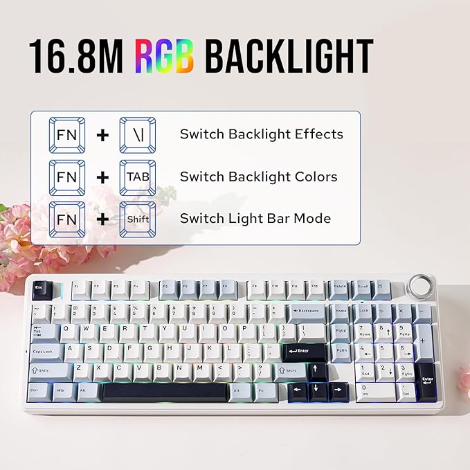 MechLands Aula F99 PRO 96% Mechanical Gaming Keyboard BT5.0/USB-C/2.4GHz Wireless Hot Swappable Gasket Custom Keyboard with 8000mAH Battery Rotary Knob RGB Backlit for Win/Mac (White Blue)