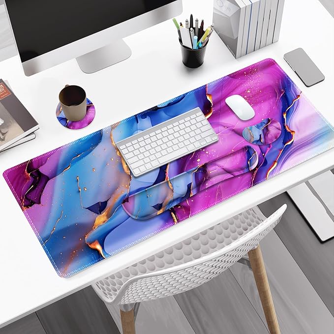 Large Gaming Mouse Pad Set 4 in 1 Ergonomics Keyboard Desk Mat with Memory Foam Wrist Rest Computer PC Extended Game Mousepad Non-Slip Desk Pad Matt Easy Typing Pain Relief I Colorful Marble