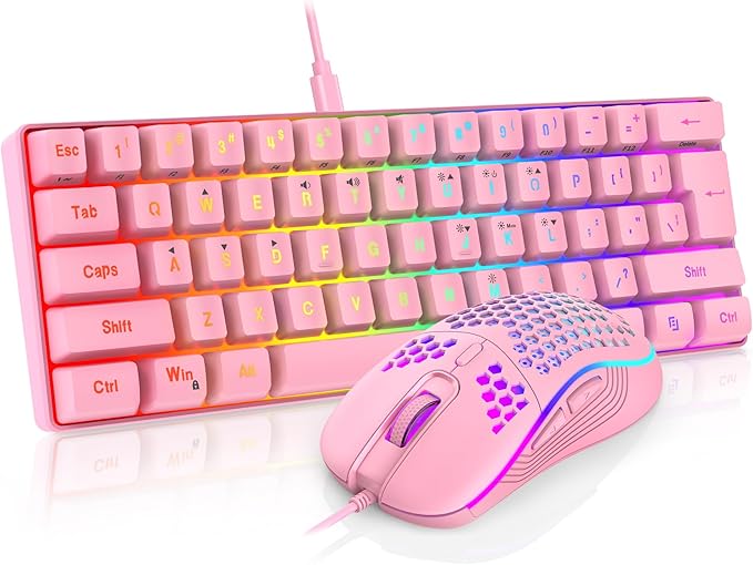 RedThunder 60% Gaming Keyboard and Mouse Combo Ultra-Compact 61 Keys RGB Backlit Mini Keyboard Lightweight 7200 DPI Honeycomb Optical Mouse RGB Wired Gaming Set for PC MAC PS5 Xbox Gamer(Pink)