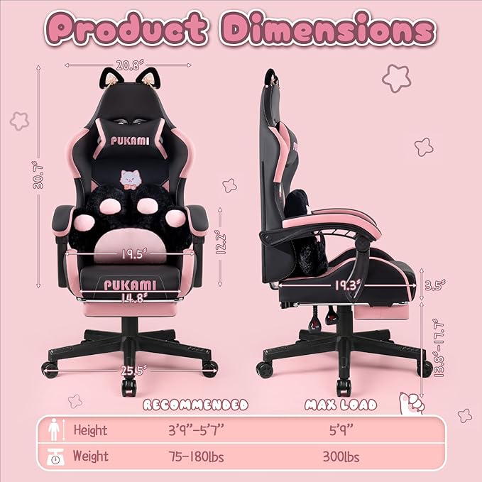 PUKAMI Gaming Chair with Cat EarsCute Computer Chair for Girl with FootrestErgonomic Gamer Chair Kawaii Gaming Chair Game Chair (Light Black)