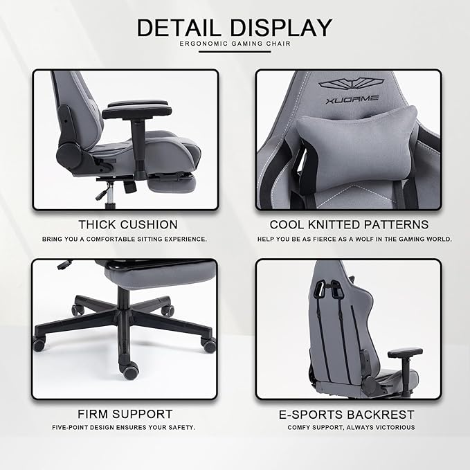 Gaming Chair Video Game Chair with Retractable Footrest and Lumbar Support High Back Ergonomic Computer Chair Adjustbale Height Backrest 4D Armrest (Grey)