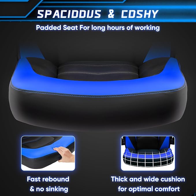 OLIXIS Computer Gaming Chair - PU Leather Ergonomic Lumbar Support with Flip-up Armrest and 360° Swivel Wheels Height Adjustable Task Home Office Desk Video Racing Blue
