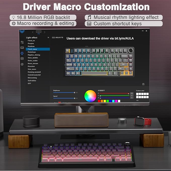AULA F75 Pro Wireless Mechanical Keyboard75% Hot Swappable Custom KeyboardRGB BacklitPre-lubed Reaper SwitchesSide Printed PBT Keycaps Mechanical Gaming Keyboards Pink&ampBlack