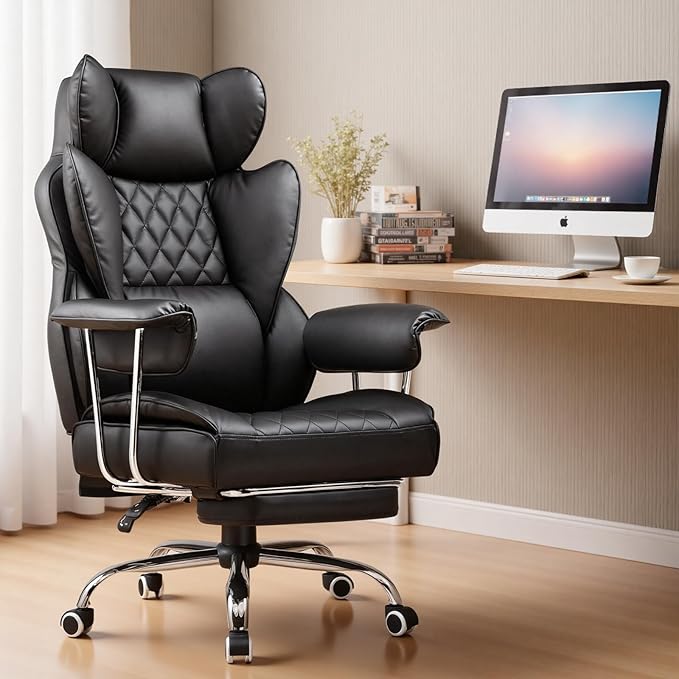 COMHOMA Big and Tall Office Chair High Back Leather Gaming Chair with Footrest Executive Ergonomic Office Chair with Pocket Spring Lumbar Support and with Outward Fixed Soft Armrests