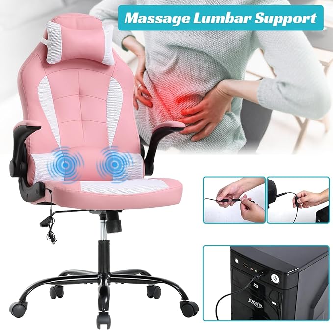 Dkeli Massage Gaming Chair Ergonomic Office Chair High Back Desk Chair PU Leather Executive Chair with Lumbar Support Headrest Armrest PC Racing Computer Chair Task Rolling Swivel ChairPink