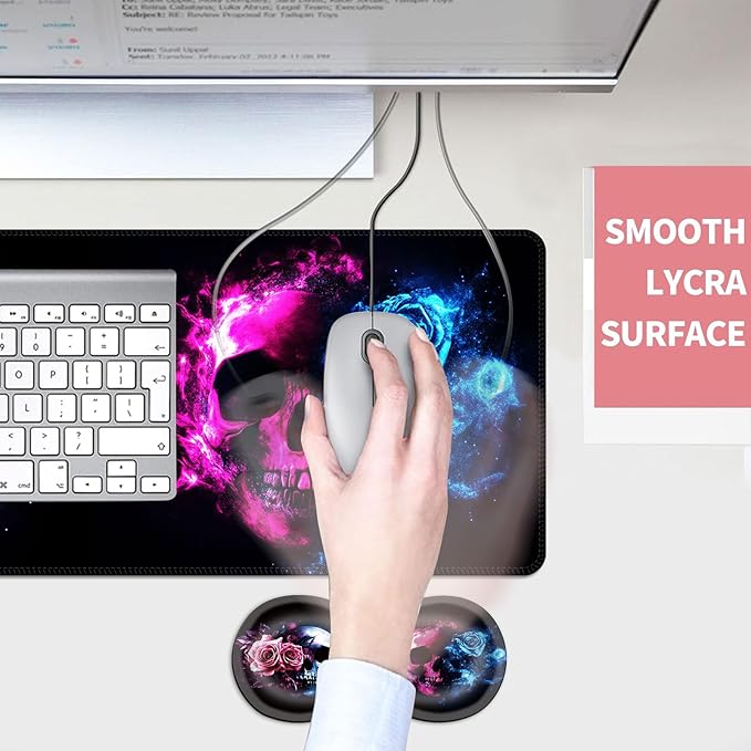 Mouse PadLarge Desk Mat Set 4in1 XL Mousepad + Keyboard Wrist Rest+Mouse Wrist Rest+Coaster with Ergonomic Desk Pad for Home Office Table Computer Cover -Neon Skulls with Roses