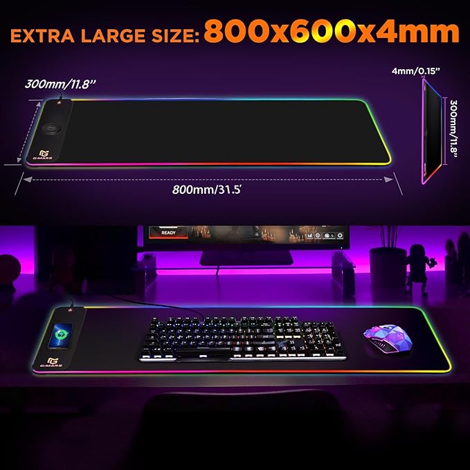 Gimars RGB Gaming Mouse Pad15W Wireless Charging Mousepad with 10 Light Modes Large Mousepad with Premium Smooth Surface Non-Slip Mouse Mat for Gaming Desk PCOffice 31.5x11.8x0.16inch