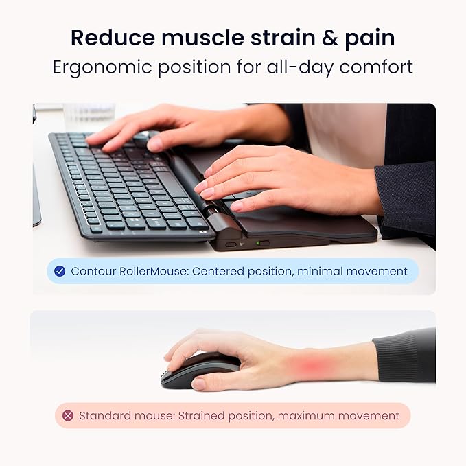 Contour RollerMouse Pro Ergonomic Central Rollerbar Design for Neck Shoulder &amp Wrist Pain Relief 6 Programmable Buttons 600-2800 DPI Productivity Plug &amp Play Mac &amp PC - Wireless - Regu
