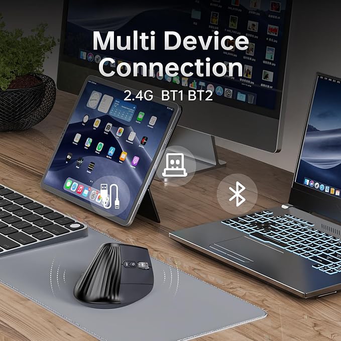 Ergonomic Vertical Mouse Wireless Bluetooth Ultra-Fast Scrolling 4800 DPI Rechargeable Ergo Mouse 2.4G Quiet Clicks 6 Buttons RGB Optical Mice 3 Multi-Device Connectivity for Mac Laptop - Black