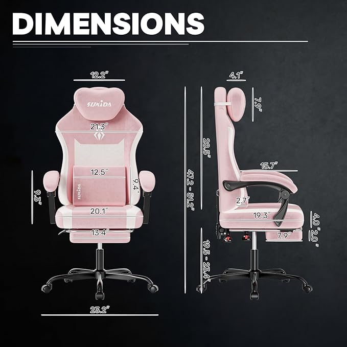 SUKIDA Ergonomic Gaming Chair — Premium Computer Video Gaming Chair with Massage Lumbar Support Adjustable Headrest &amp Footrest Plush Chenille Fabric for Office and Home UsePink