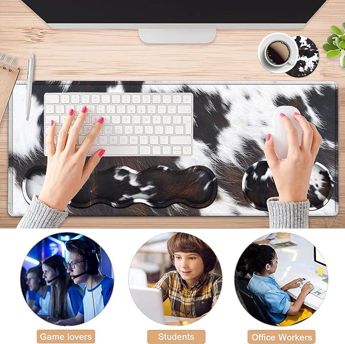 JVGFYNKL Gaming Mouse Pad XXL Large Desk Cute Black Cowhide Extended Mousepad Ergonomic Memory Foam Keyboard Wrist Rest Stitched Edges Desk Pad(31.5x11.8 in) Extended Large Mousepads Wrist Rest Set