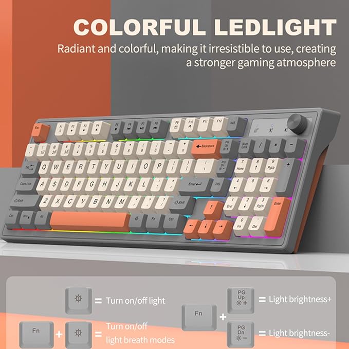 Docooler Gaming Keyboard Dual-Mode BT/2..4GHz Mechanical Keyboard with Backlit Rechargeable Keyboard 98 Keys Wireless Keyboard with Volume Control Knob for Computer Laptop PC - Gray/Blue/Shimmer