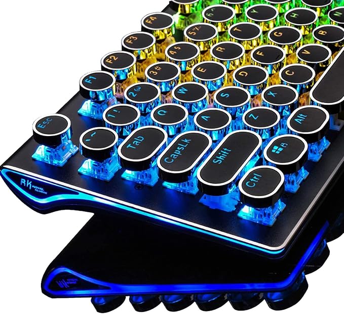 RK ROYAL KLUDGE S108 Typewriter Style Mechanical Gaming Keyboard with RGB Backlit Wired PC Game Keyboard Full Size with Detachable Wrist Rest and Number Pad Retro Round Keycaps Red Switches Black