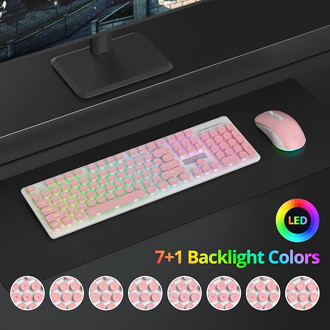 Backlit Pink Keyboard and Mouse Wireless 2.4GHz Light Up Typewriter Rechargeable Quiet Keyboard Cordless with USB Receiver for PC/Laptop(Pink)