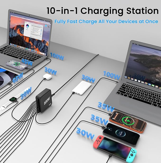 USB C Charging Station 500W USB C Charger Block 10 Port Fast Charger 100W PD USB-C Charging Station Hub for MacBook Pro/Air/iPad Pro/iPhone 17e/17/16/15/14/13/Pro Max/Samsung Galaxy Note (Black)