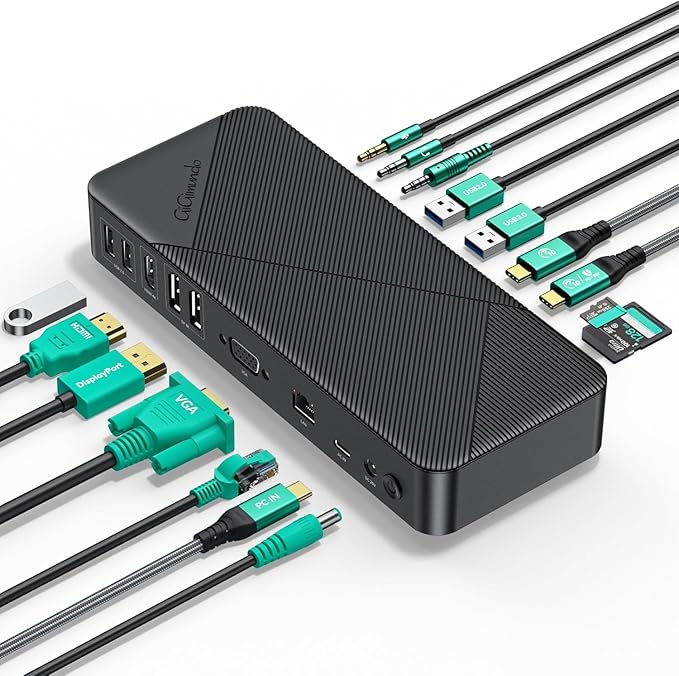 GiGimundo 20-in-1 Docking Station | PD Charger+HDMI 4K 60Hz+DP 4K 60Hz+VGA+Ethernet+SD/TF+Audio+Volume Knob+Security Lock Laptop Docking Station for Windows/Dell/HP/Lenovo