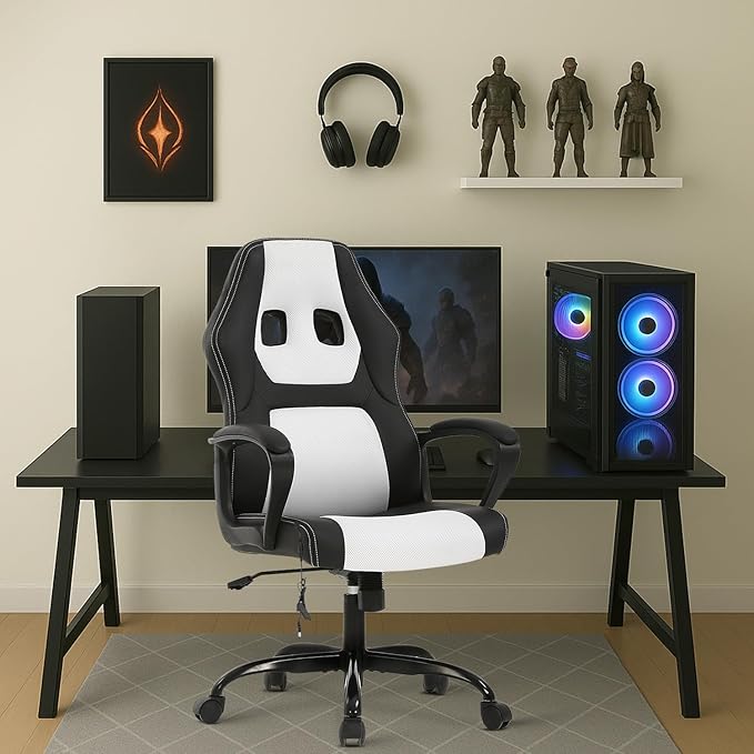 Gaming Chair with Massage Function PU Leather Chairs Ergonomic Office Chair Executive Computer Chairs High Back Computer Task with Lumbar Support Adjustable Height White