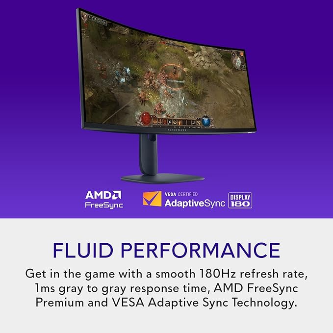 Alienware 34 Curved Gaming Monitor – AW3425DWM - 34-inch WQHD 180Hz 1ms Display 1500R AMD FreeSync Premium VESA AdaptiveSync.